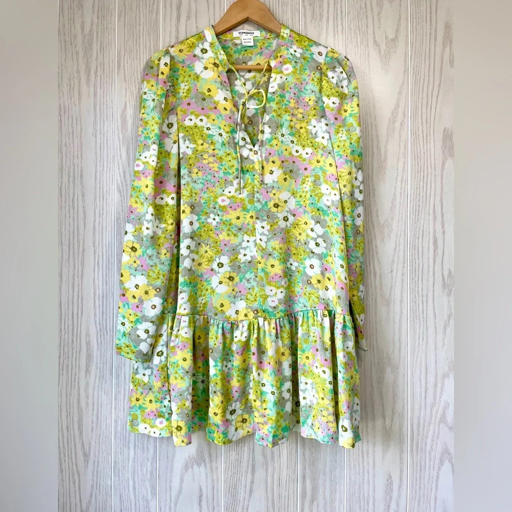 GLAMOROUS Green Mod Floral Smock Dress Silky Tie Front, Puff Sleeve US 4 EUC